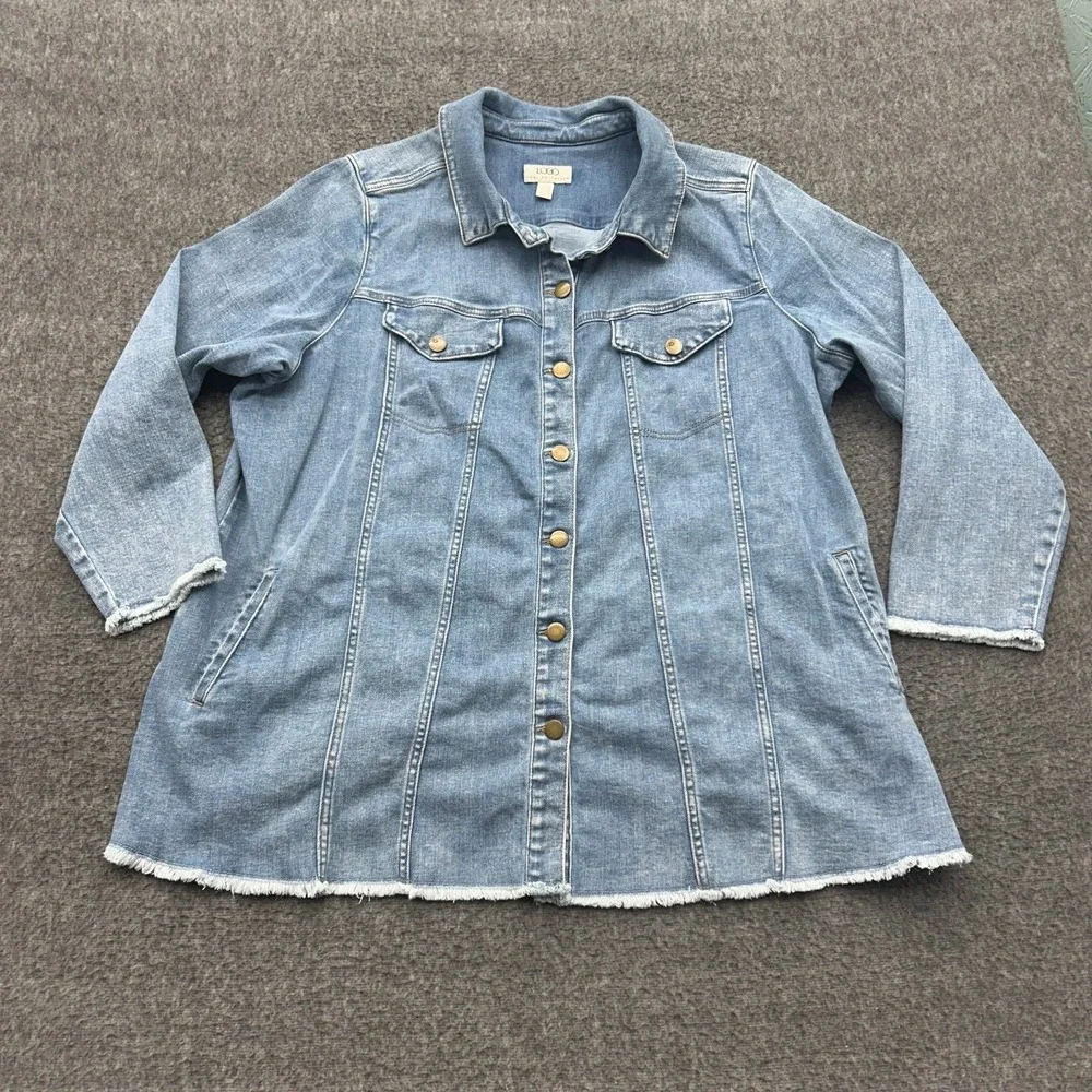 LOGO by Lori Goldstein Frayed Hem Denim Jean Jacket Light Wash 24W Plus Stretch